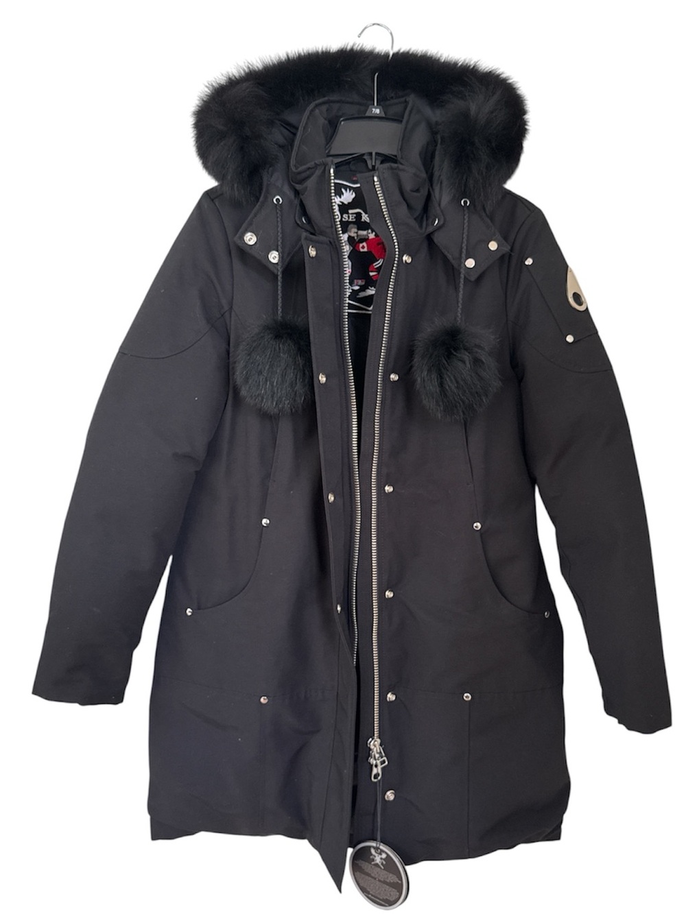 Moose Knuckles Black Stirling Parka W/ Fox Fur-Trimmed Hood & Pom-Poms